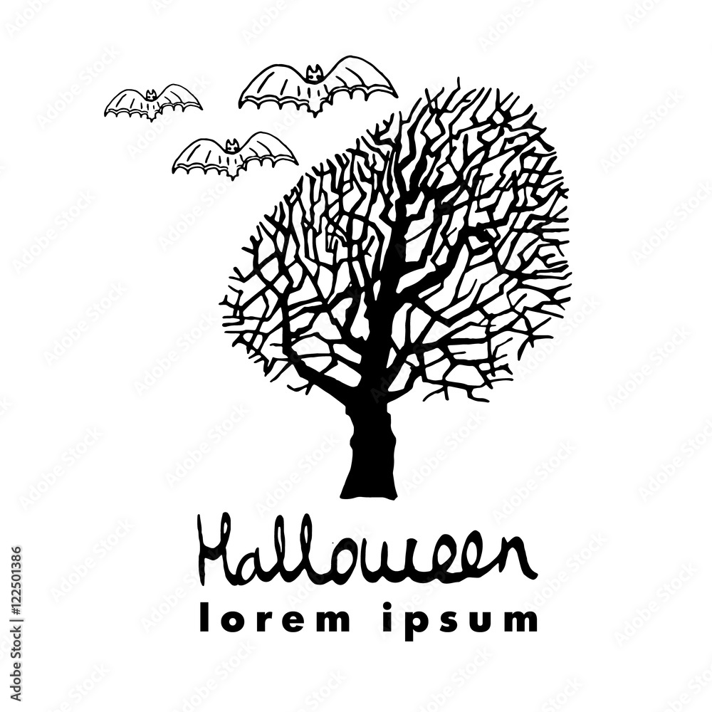 Obraz premium Silhouette of the tree and bat. Vector illustration of cute greeting card for Halloween. Logo for party.