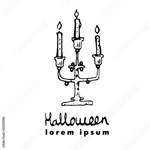 Candlestick, candleholder, candelabrum. Vector illustration of cute greeting card for Halloween. Logo for party.