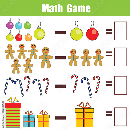 Math educational game for children, subtraction worksheet, christmas theme