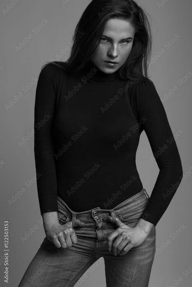 Sexy young innocent girl with long brown hair looking at camera foto de  Stock | Adobe Stock