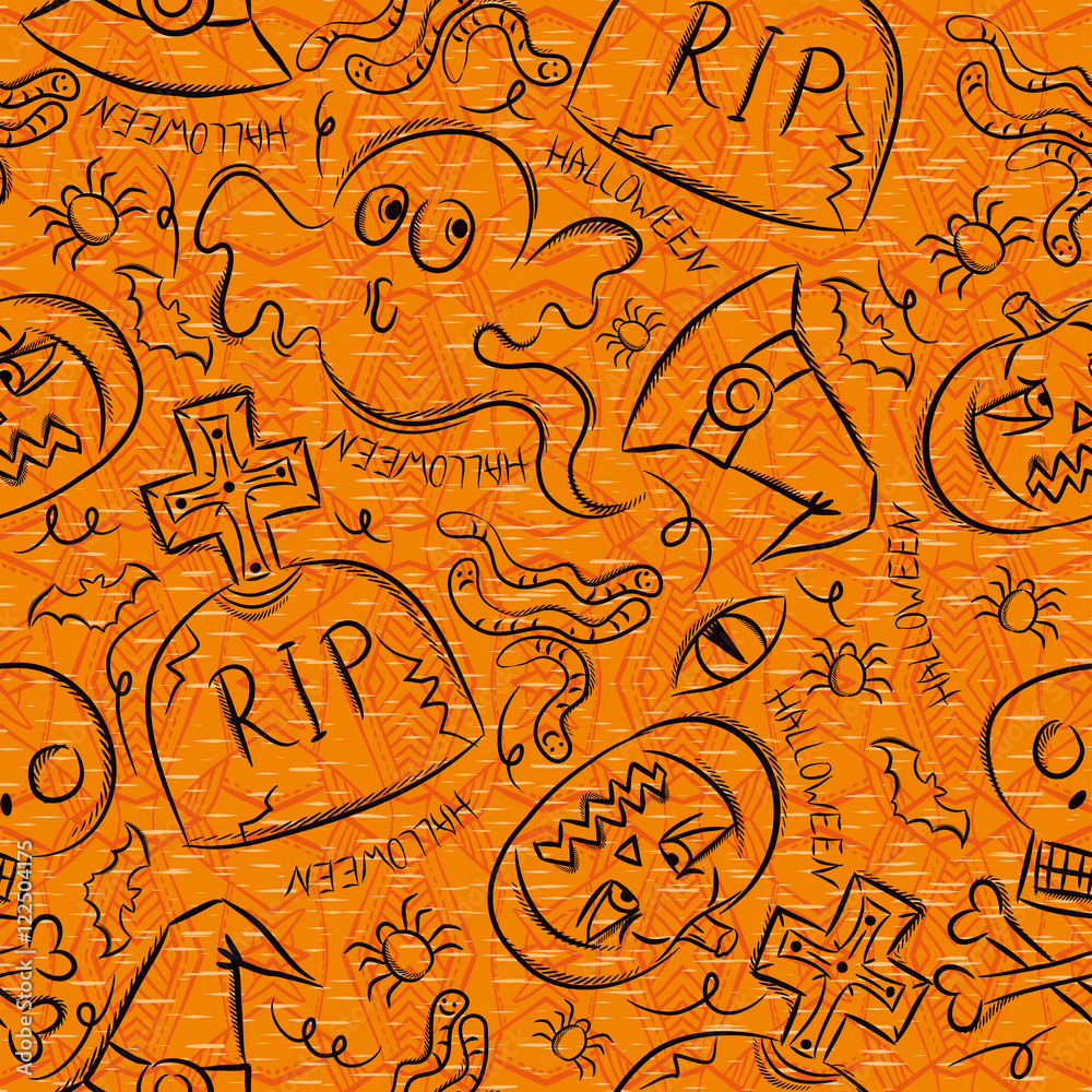 Halloween seamless Pattern with ghost, skull and  pumpkin