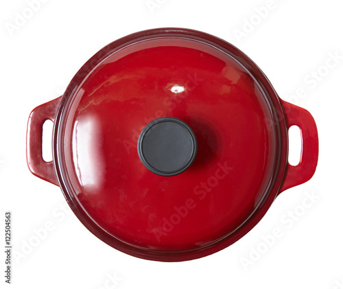 Aerial view of a red cooking pot isolated on a white background