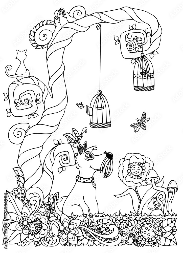 Fototapeta premium Vector illustration zentangl dog in a clearing, cell. Doodle drawing. Meditative exercise. Coloring book anti stress for adults. Black and white.