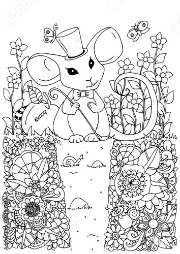 Vector illustration zentangl a mouse in a hat sitting in the flowers. Doodle drawing. Meditative exercise. Coloring book anti stress for adults. Black and white.