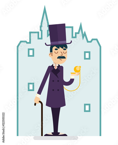 Clock Time Great Britain Victorian Gentleman Businessman Character Flat Design Vector Illustration