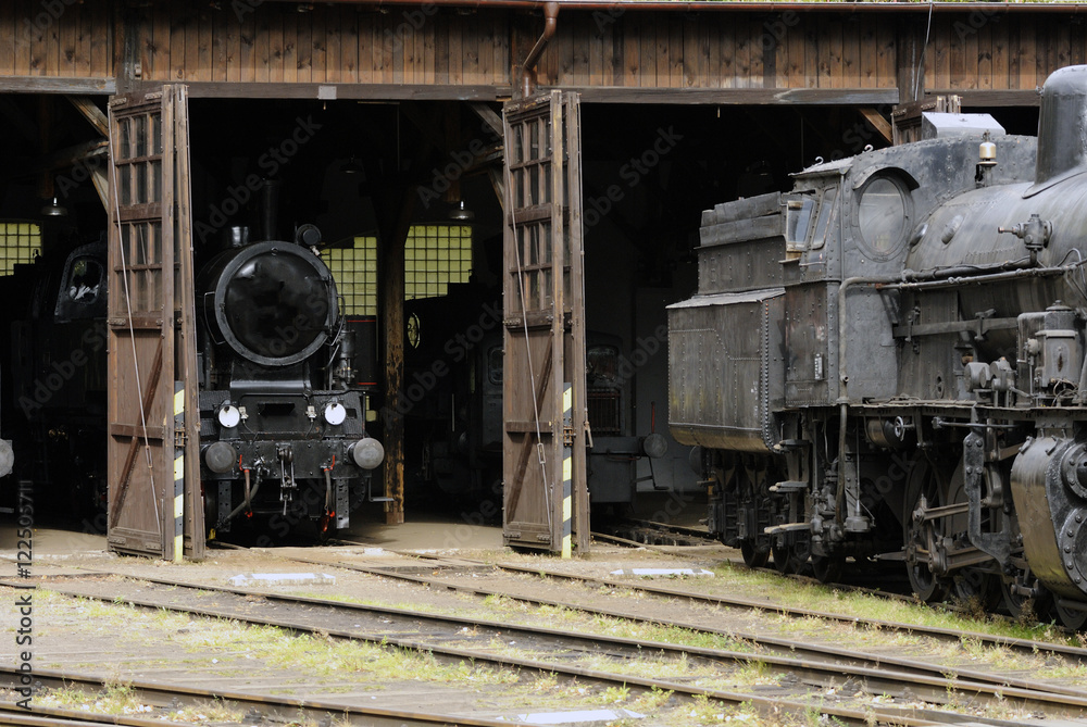 Old Vintage Steam Locomotives At The Train Depot


