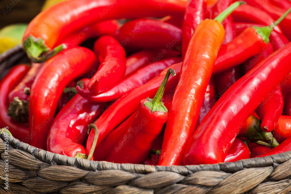 Small ripe chili red peppers in the basket. Autumn harvest background