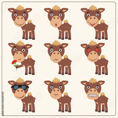 Vector set camel in cartoon style. Collection isolated funny camel.