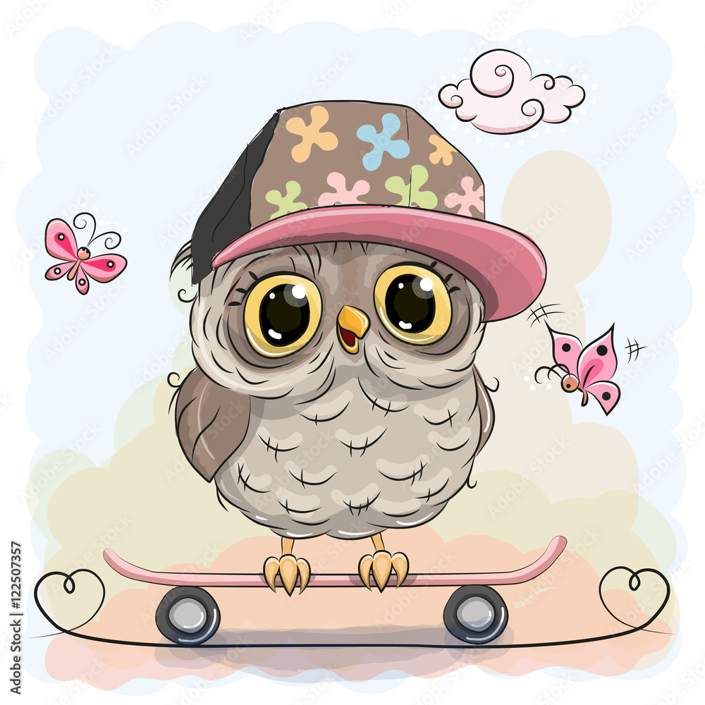 Naklejka premium Cute owl on a skateboard