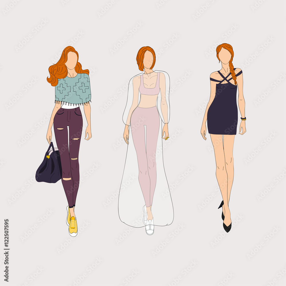 Hand drawn fashion models. Vector illustration.