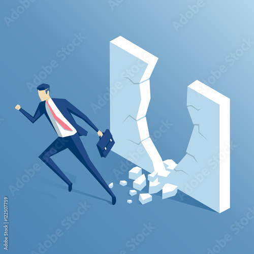 isometric businessman punches the wall, the employee runs through the barrier, the business concept power and success
