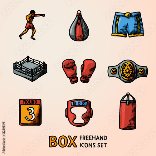 Set of boxing hand drawn color icons - gloves, shorts, helmet, round card, boxer, ring, belt, punch bags. Vector