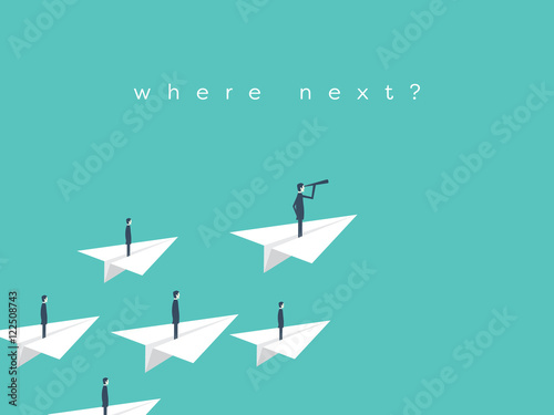 Businessman with monocular on paper plane as a symbol of business leadership.