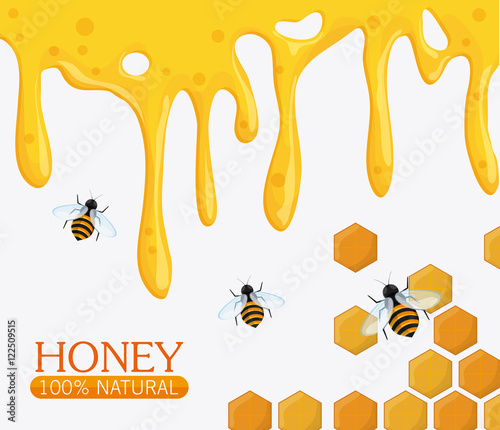 Honeycomb with honey dripping and bees icon. Healthy and organic food theme. Colorful design. Vector illustration