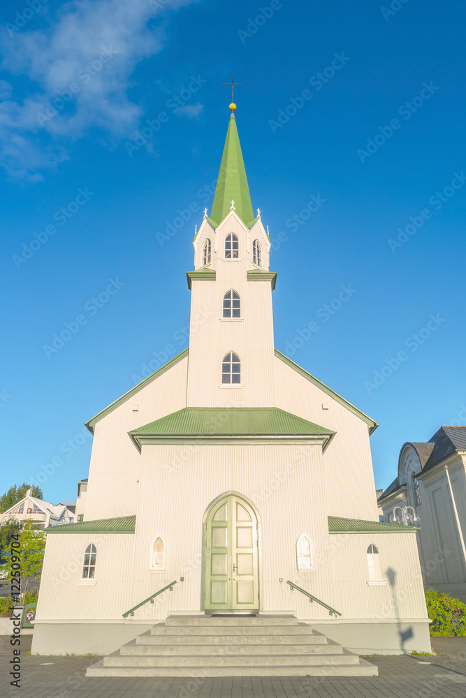 The Free Church in Reykjavik downtown at sunset The Free Church in Reykjavik downtown at sunset