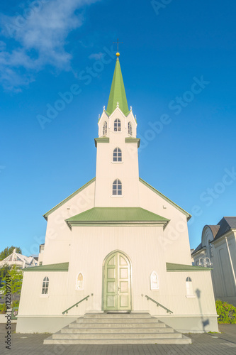 The Free Church in Reykjavik downtown at sunset