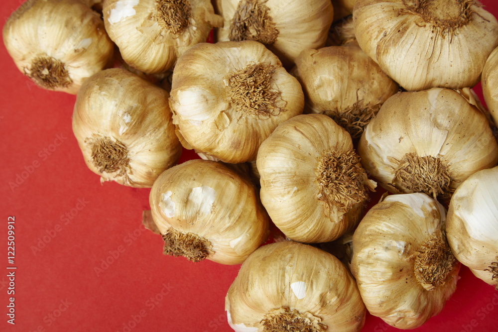 Bulbs of garlic arranged on a bright red background Bulbs of garlic arranged on a bright red background