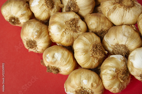 Bulbs of garlic arranged on a bright red background