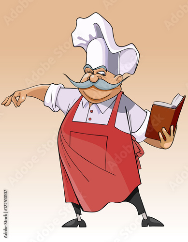 cartoon chef stands and looks in the book