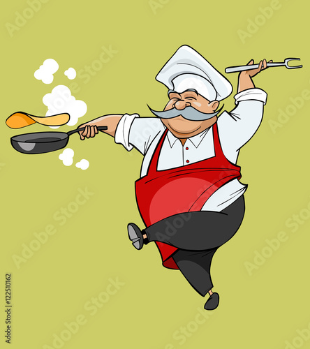 cartoon mustachioed chef joy jumping with a frying pan
