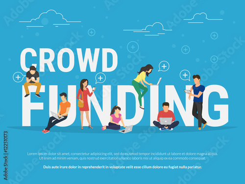 Crowd funding illustration of young various people using laptop, tablet pc and smartphone for online funding new startup or making donation for project. Flat design of guys and women near big letters