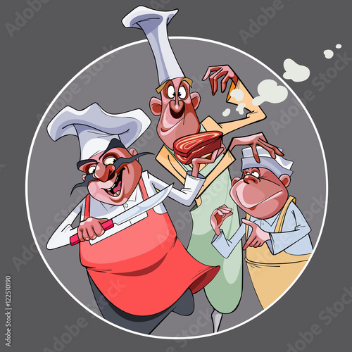 cartoon three funny cooks prepared food