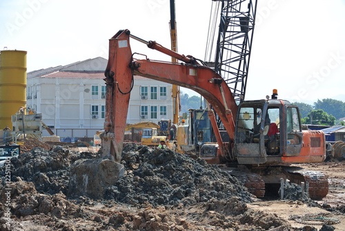Excavators machine is heavy construction machine used excavate soil at the construction. Powered by long hydraulic arm with bucket. Handle by workers. 
