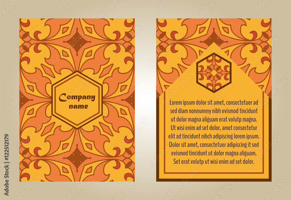 Vector set of colorful brochure templates for business and invitation. Portuguese, Moroccan; Arabic; asian ornaments