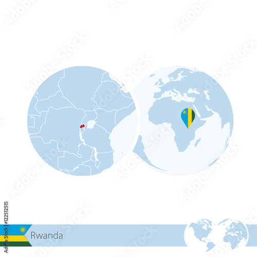 Rwanda on world globe with flag and regional map of Rwanda. photo