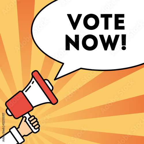 Vote now concept. Hand with megaphone on bright striped background with speech bubble. Presidential campaign.