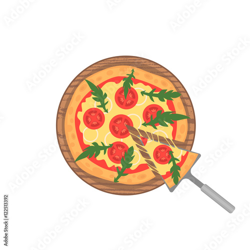 Margherita pizza on wooden board on white. Slice with melting cheese. Vector illustration. Cartoon style.
