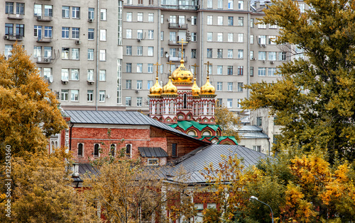 golden domes of an Orthodox church in Moscow on a background of