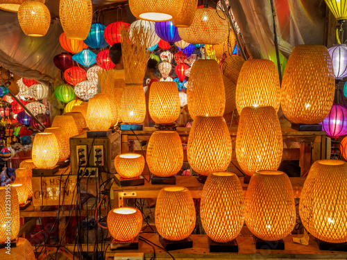 Handcrafted lamps in night market in Hoi an, Vietnam. photo