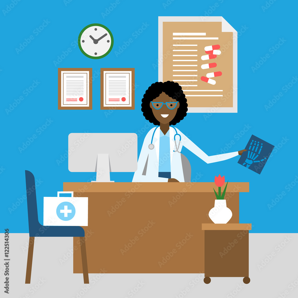Doctor in the cabinet. Funny smiling male doctor in the medical cabinet. Medical treatment, first aid.