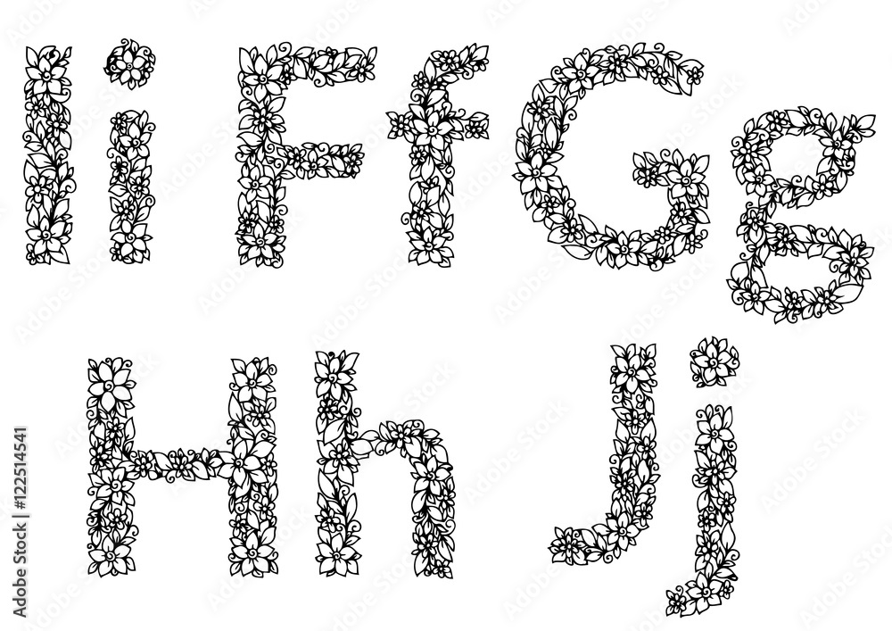 Vector illustration zentangl, flower letters I, F, G, H, J, alphabet. Doodle drawing. Meditative exercise. Coloring book anti stress for adults Black and white Vector illustration zentangl, flower letters I, F, G, H, J, alphabet. Doodle drawing. Meditative exercise. Coloring book anti stress for adults Black and white