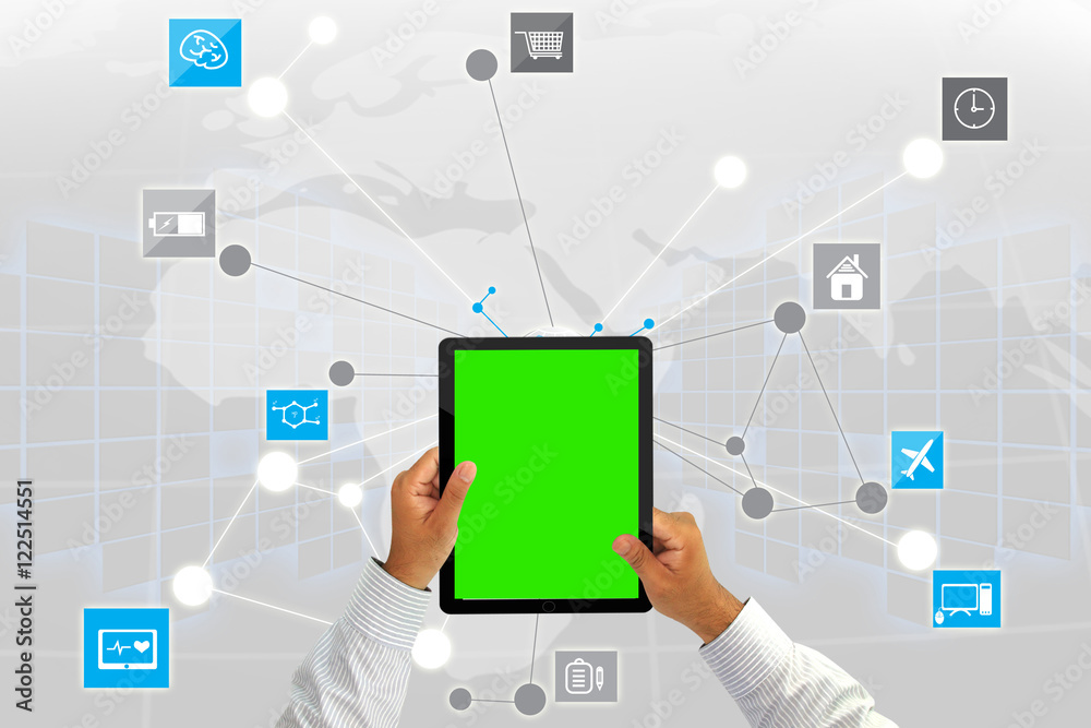 Businessman working with tablet green screen.Social media backgr Businessman working with tablet green screen.Social media backgr