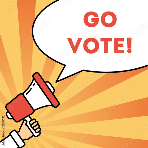 Go vote concept. Hand with megaphone on bright striped background with speech bubble. Presidential campaign.
