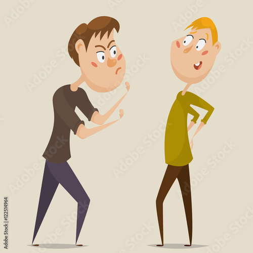 Aggressive man threatening laughing man. Emotional concept of aggression and ignoring. Cartoon characters. Vector illustration