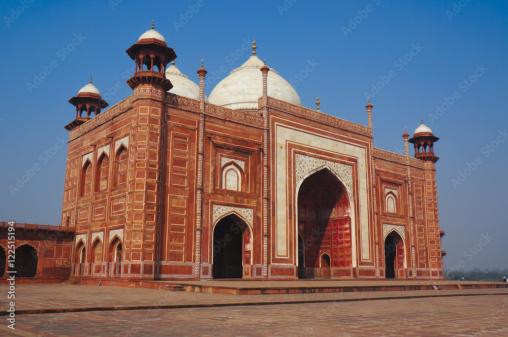 Sandstone mosque inside the Taj Mahal complex in Agra, Uttar Pradesh, India. Taj Mahal is a UNESCO world heritage site.
