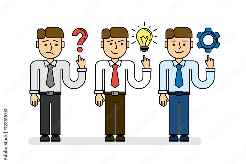 Business planning concept set. Young funny businessman with quiestion marks, idea light bulb and gear icons.