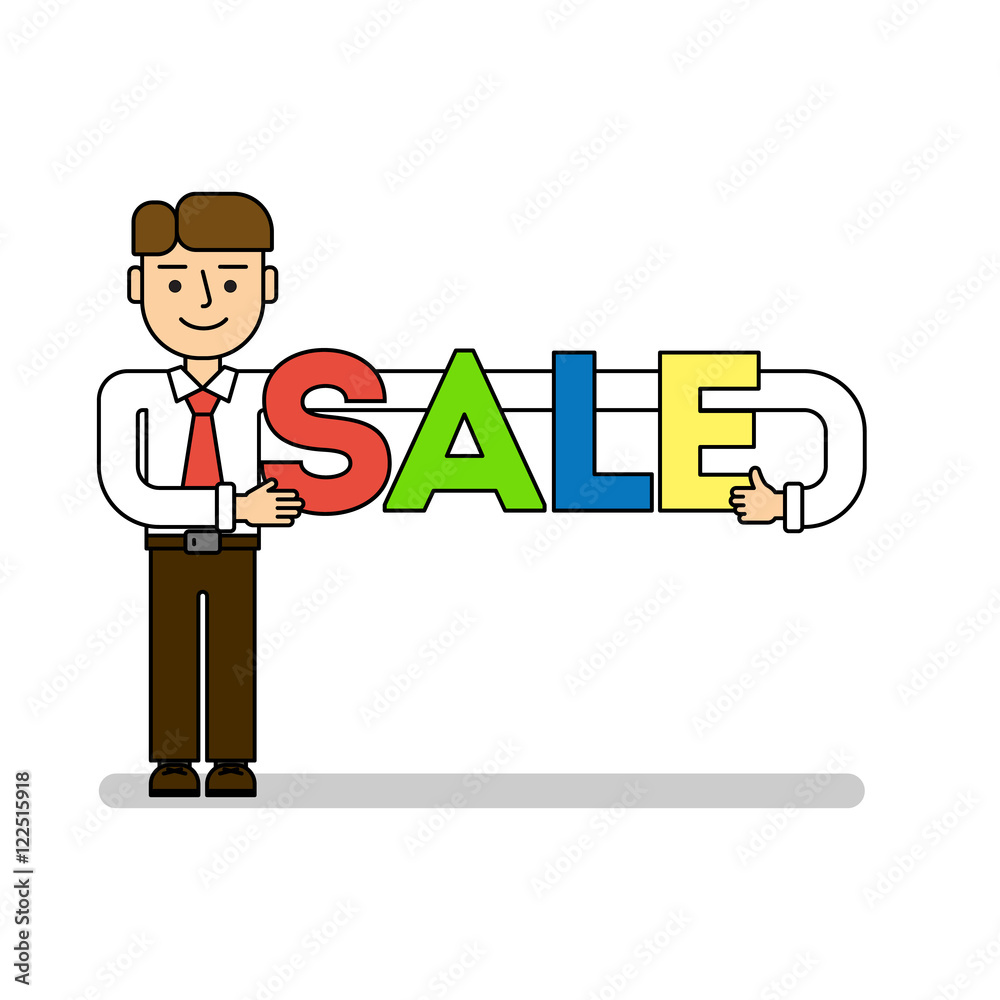 Businessman with sale. Isolated cartoon character with sale title on white background. Businessman with sale. Isolated cartoon character with sale title on white background.