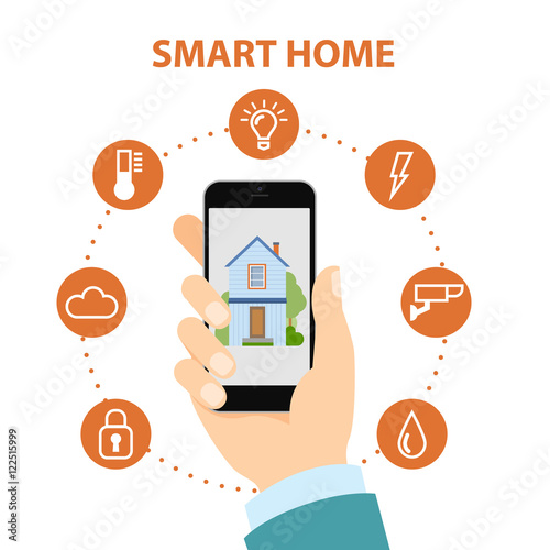 Smart home in smartphone. Isolated smartphone with smart home apps on white background. Controlling home system as energy, conditioning, temperature and more.