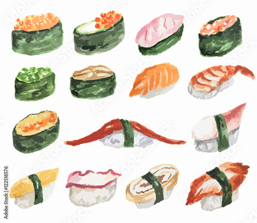 Watercolor sushi set. Different kinds of sushi as rolls, maki and more. Rice and fish.