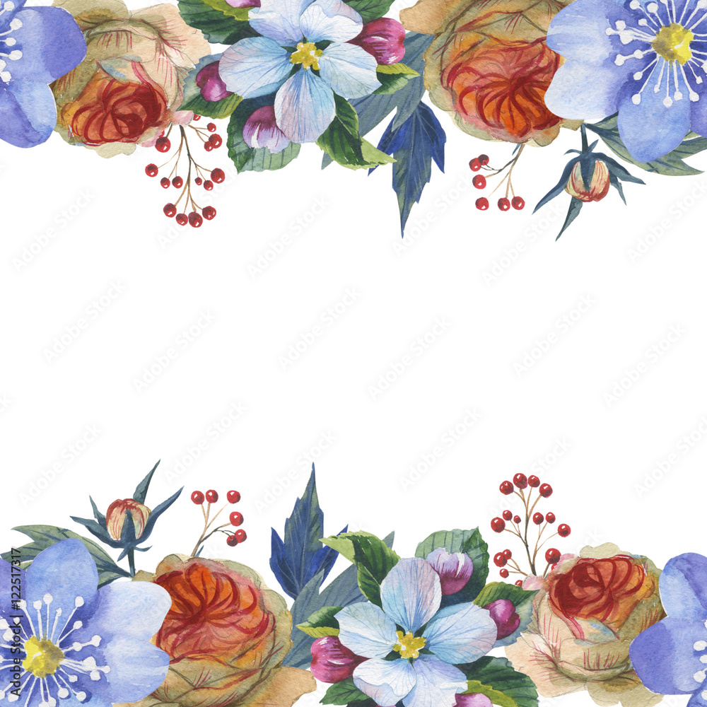 Fototapeta premium Wildflower myosotis flower frame in a watercolor style isolated. Full name of the plant: forgetmenot, myosotis. Aquarelle flower could be used for background, texture, pattern, frame or border.