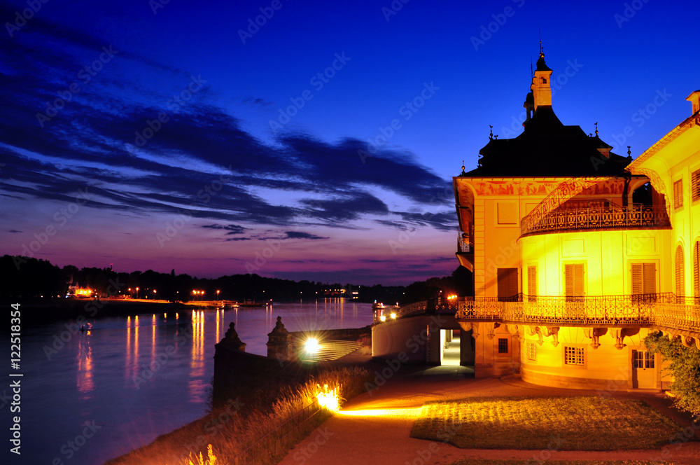 baroque castle Pillnitz close to Dresden with vie to the river Elbe at sunset, Germany Saxony