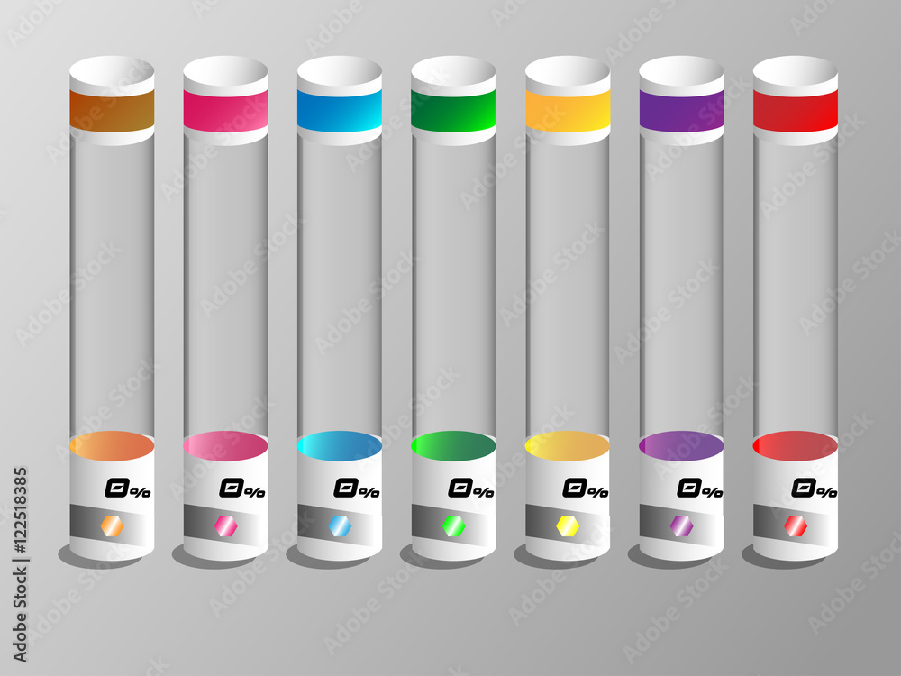 Colorful liquid in a glass tubes with 0 percent.