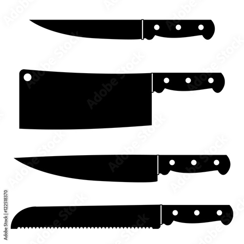 Set of kitchen knives in a black-and-white. Vector illustration. Utility knife, cleaver knife, chef's knife, bread knife. Kitchenware.