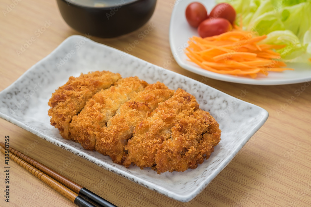 Crispy fried pork on plate and soup, Japanese food style