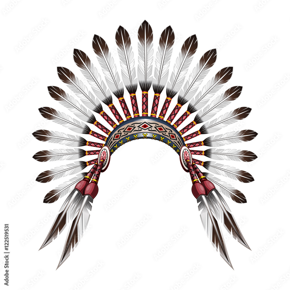 Vecteur Stock Native American Indian Headdress Red Indian Tribal Chief Headdress With Feathers 