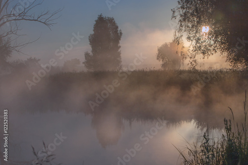 morning dawn, the sun breaking through the fog on the lake among the trees